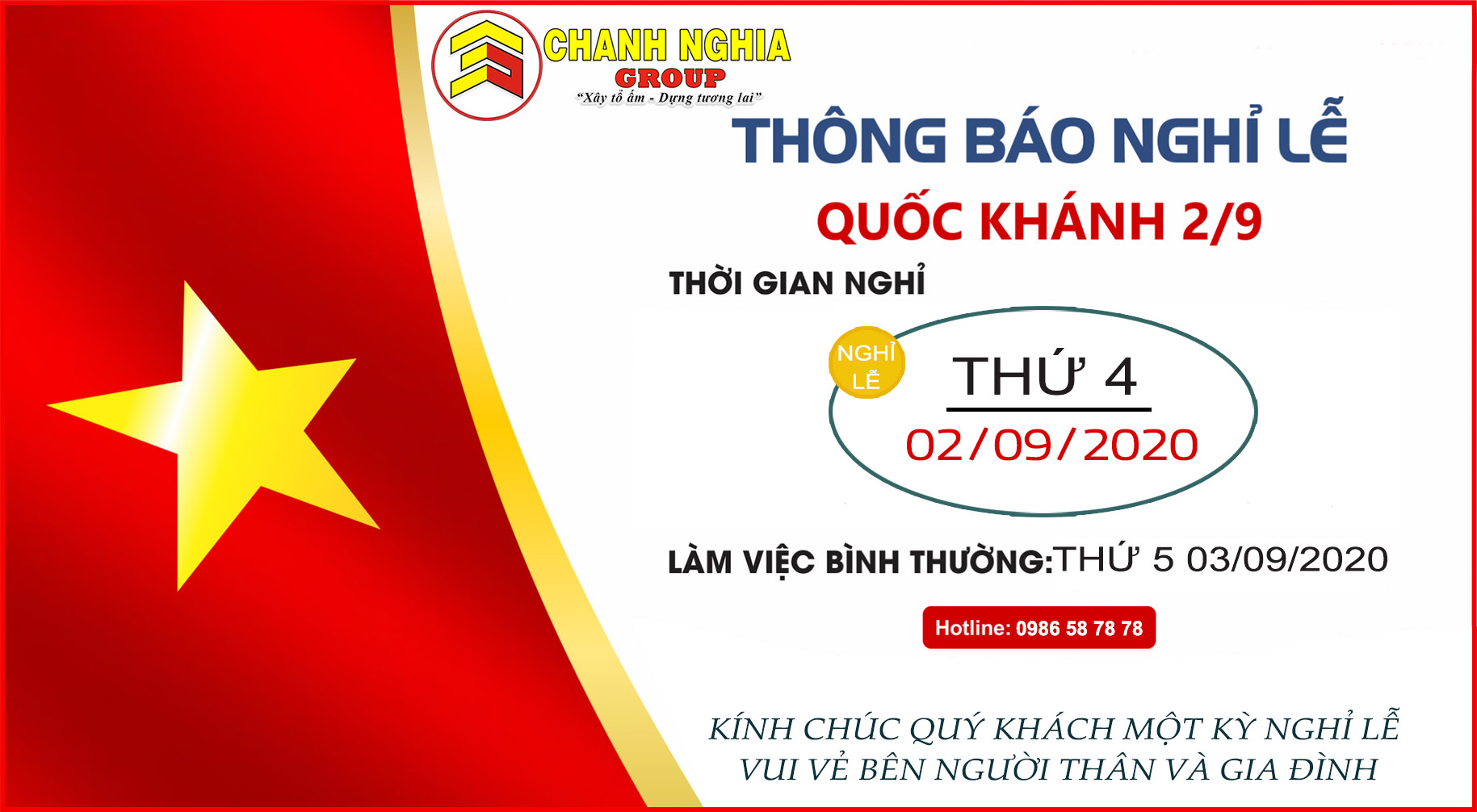 THÔNG BÁO NGHỈ LỄ GÀY 2 THÁNG 9 CHANH NGHIA GROUP 2